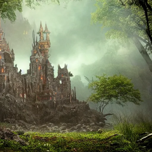 Image similar to full body pose, hyperrealistic photograph of the black castle of rotbog swamp, dim volumetric lighting, 8 k, octane beautifully detailed render, extremely hyper detailed, intricate, epic composition, cinematic lighting, masterpiece, trending on artstation, very very detailed, stunning, hdr, smooth, sharp focus, high resolution, award, winning photo, dslr, 5 0 mm