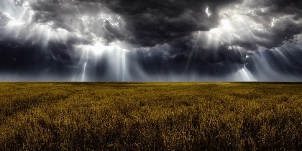 Prompt: detailed fields nature, super storm, hyper - realistic, impressive, atmospheric, god rays, cinematic, deep colors, very high complexity, stunning, masterpiece, 3 5 mm, very detailed. 4 k