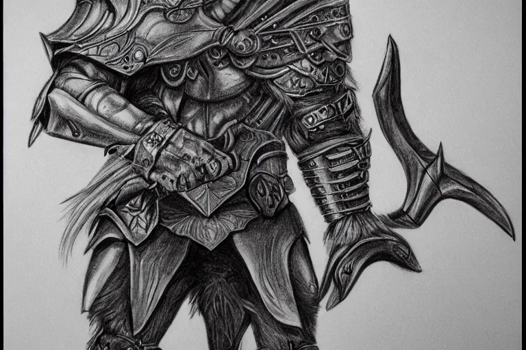 Image similar to a pencil drawing of a wolf, full body, D&D, armor, made by by Pen Tacula