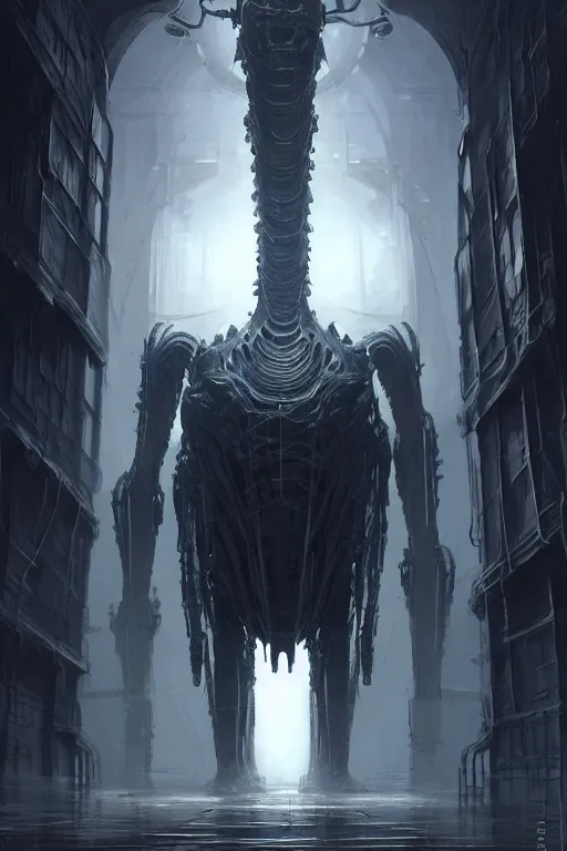 Image similar to professional concept art of a symmetrical! ominous floating mechanical steel terrifying giant monster thing in a dark room by artgerm and greg rutkowski. an intricate, elegant, highly detailed digital painting, concept art, smooth, sharp centred focus, illustration, in the style of cam sykes, wayne barlowe, igor kieryluk.