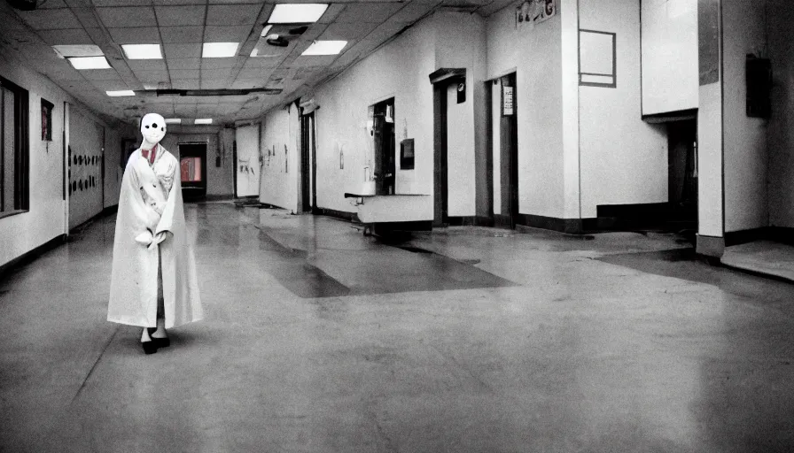 Image similar to 60s movie still of a white japanese female phantom bloody in an empty soviet stalinist style hospital with dark walls, cinestill 800t 35mm technicolor, heavy grain, high quality, higly detailed, liminal space
