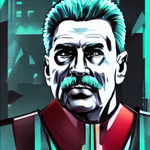 Image similar to cyberpunk joseph stalin as the leader of a futuristic communist society, cybernetics, sharp lines, digital, artstation, colored in