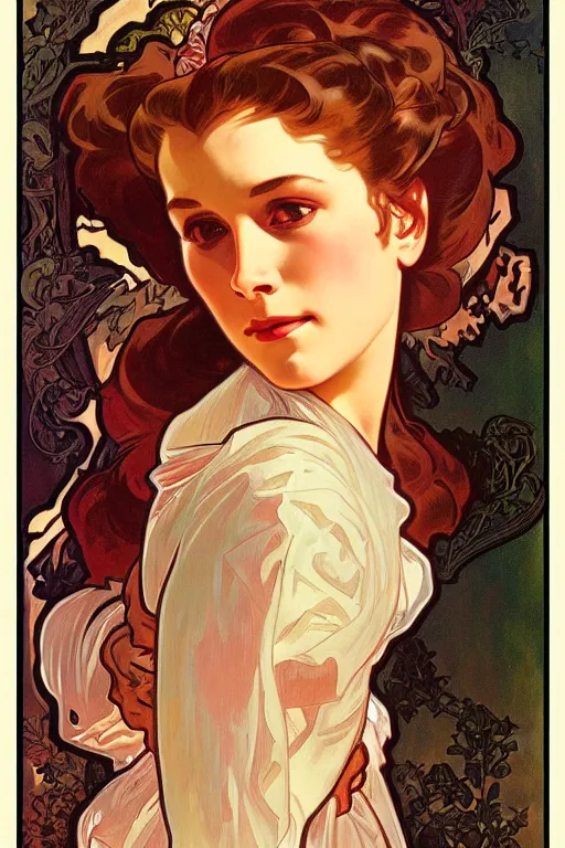 Image similar to scarlett o'hara, painting by alphonse mucha, detailed art, artstation