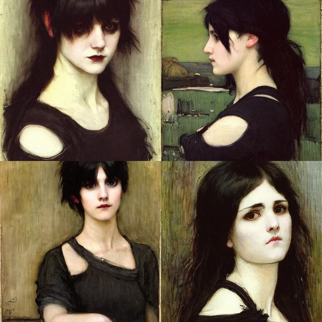 Prompt: a goth portrait painted by john william waterhouse. her hair is dark brown and cut into a short, messy pixie cut. she has a slightly rounded face, with a pointed chin, large entirely - black eyes, and a small nose. she is wearing a black tank top, a black