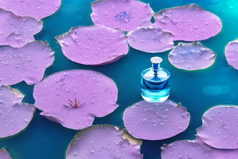 Image similar to perfume bottle standing on lillypads in a cool blue frosted pond close shot, sharp focus, global illumination, dramatic, mid day, cherry blossom background, soft lilac skies, large scale, hyperrealistic, lots of detail, realistic lighting, octane render, by wlop, artgerm, trending on artstation