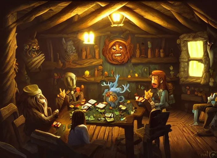 Image similar to interior of a dark cabin. a leshy forces you to play a tabletop card game. painting by dan volbert and mandy jurgens and deiv calviz and lim chuan shin