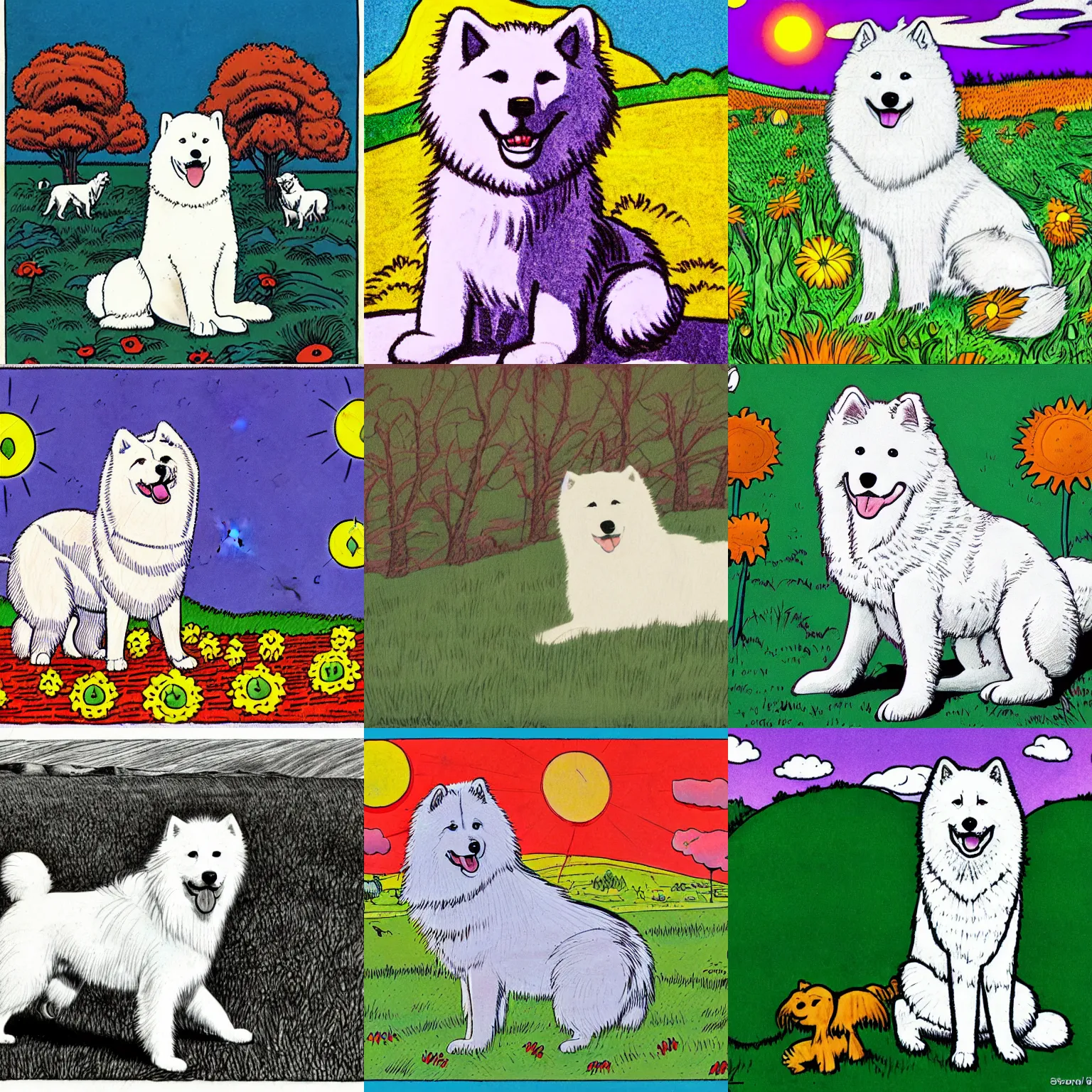 Prompt: a samoyed dog sitting in the middle of sunny meadow, colored, by Steve Ditko