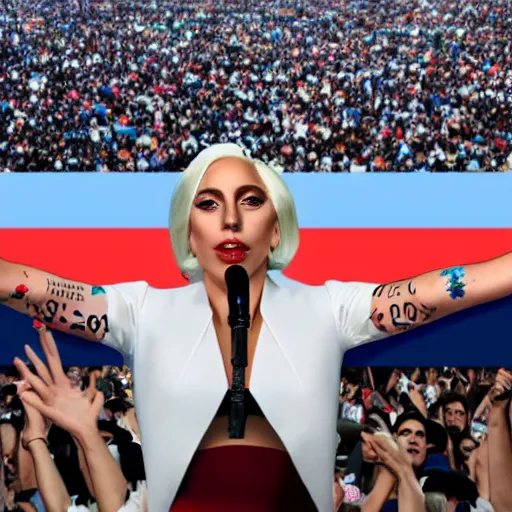 Image similar to Lady Gaga as president, Argentina presidential rally, Argentine flags behind, bokeh, giving a speech, detailed face, Argentina