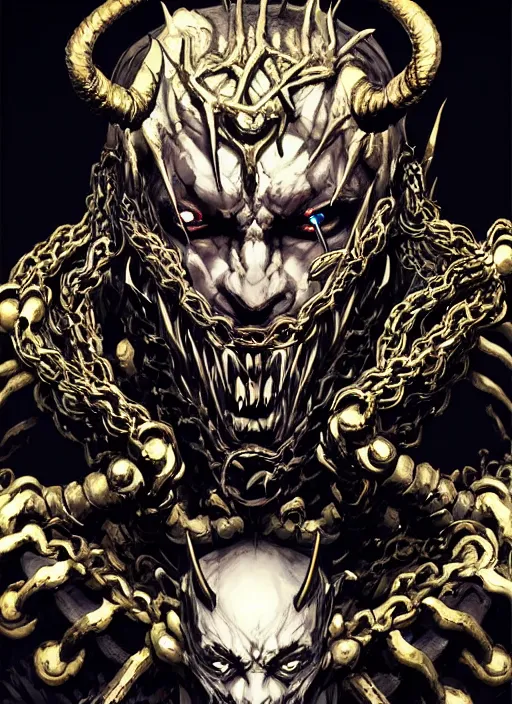 Prompt: scary demon man with twisted face, horns, white skin, armour made of golden ornate chains. in style of yoji shinkawa and hyung - tae kim, trending on artstation, dark fantasy, great composition, concept art, highly detailed, dynamic pose.