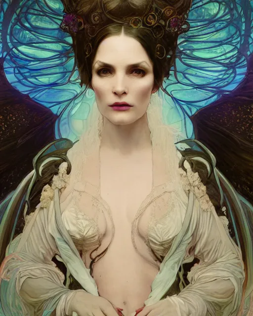 Image similar to wlop and alfons mucha detailed portrait digital rococo painting of a beautiful serious villainess wearing fantasy clothing like liliana vess, villainess has black angel wings, evil mood, hellish battlefield in the background, unreal engine, embers flying, hyper realism, realistic shading, cinematic composition, blender render, octane render, ultrawide shot