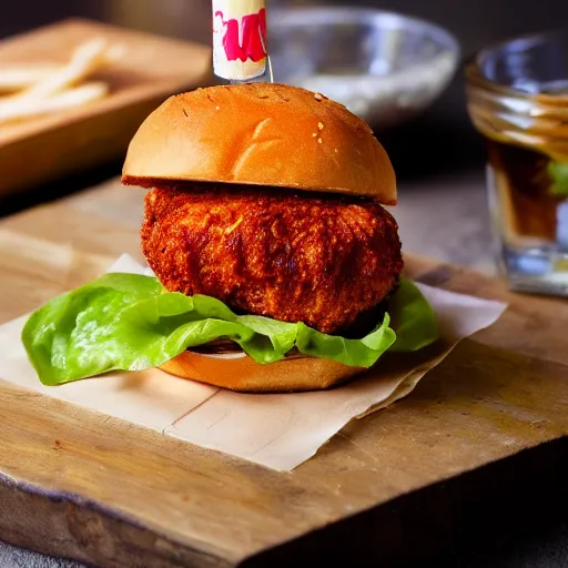 Prompt: a spicy crispy chicken burger, food photography, detailed, yum, sauce dripping down the side