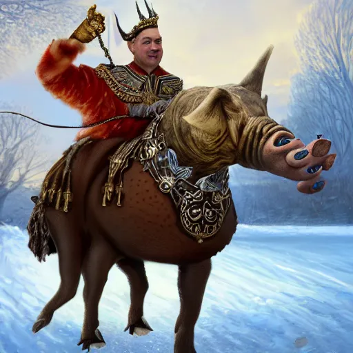 Prompt: an extremely realistic portrait depicting hungarian king viktor orban dressed in royal national costume, riding a pig on the frozen danube, detailed, intricate, elegant, highly detailed, digital painting, artstation, concept art, smooth, sharp focus, illustration,