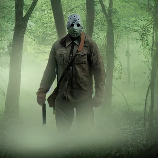 Prompt: A still image of Jason Voorhees in the woods foggy Digital art very detail 4K quality super realistic