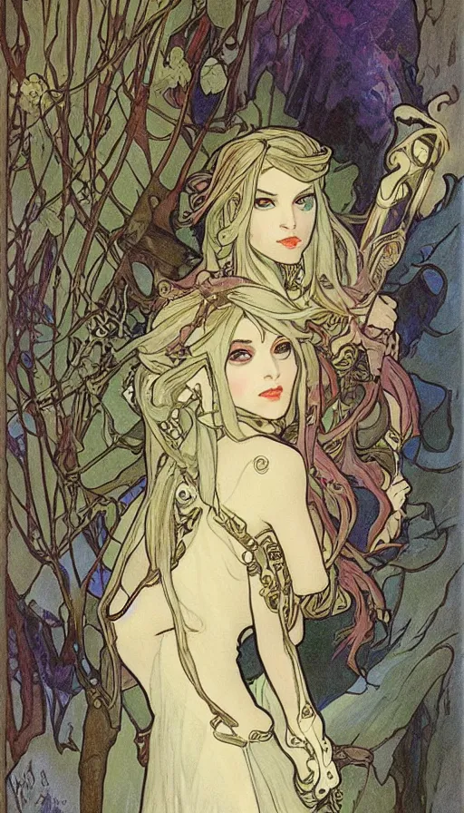 Image similar to fantasy dungeons & dragons portrait by Alfons Mucha,female elf,beautiful,D&D,detailed,elaborate