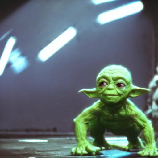 Image similar to a mix between Hulk and Yoda and Dobby and Gollum fighting robots, center frame medium shot, shot on technicolor cinemascope 35mm anamorphic lense, flare