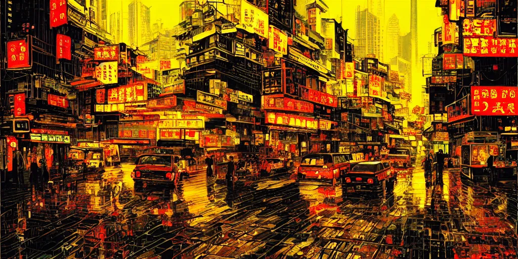 Image similar to artwork of wong kar - wai's hong kong street, by dan mumford and toshi yoshida and peter doig, vintage, highly detailed, dramatic lighting, 8 k