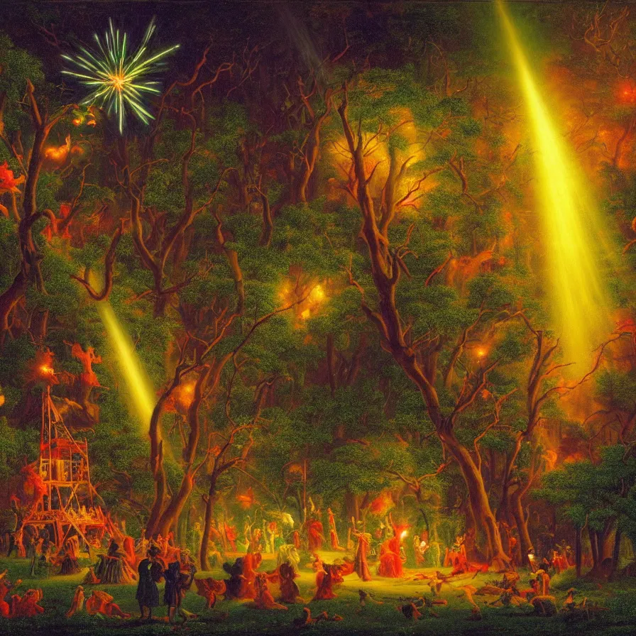 Image similar to closeup of a night carnival around a magical in a summer storm, tree cavity with a music scenario with many fireworks and christmas lights,, volumetric lightning, intense colored god rays in the sky, folklore people disguised with fantastic creatures in a magical forest by summer night, masterpiece painted by martin johnson heade, scene by dark night environment, refraction lights,