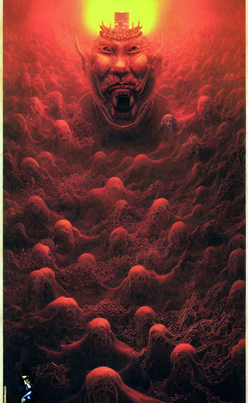 Image similar to zhongyuan festival, chinese ghost festival, king of hell, inside page of comic book, psychedelic lights and fog, in the style of zdzislaw beksinski, ayami kojima, takato yamamoto, barclay shaw, karol bak, glowing light and shadow, hyperrealist