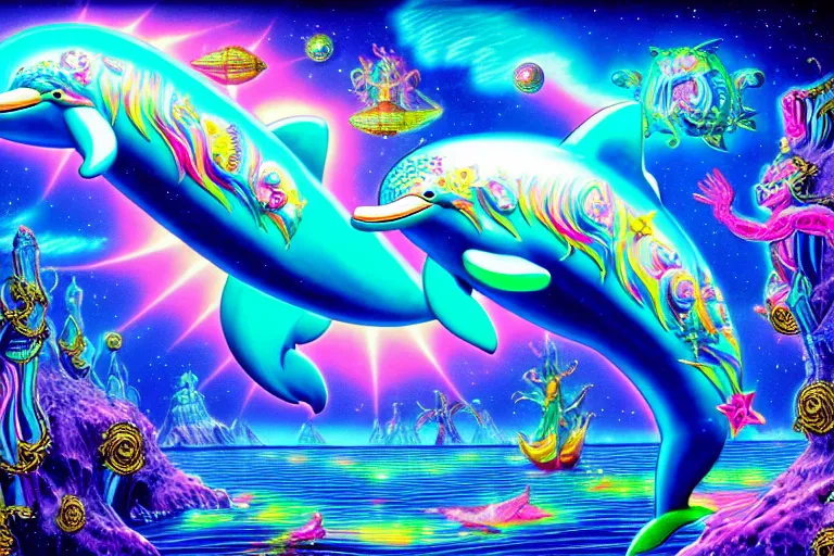 Prompt: lisa frank illustration of rebulon the ancient dolphin demon, by lisa frank and giger, masterpiece concept art, 8 k, intricate detail, cinematic lighting, epic pose, bright colors