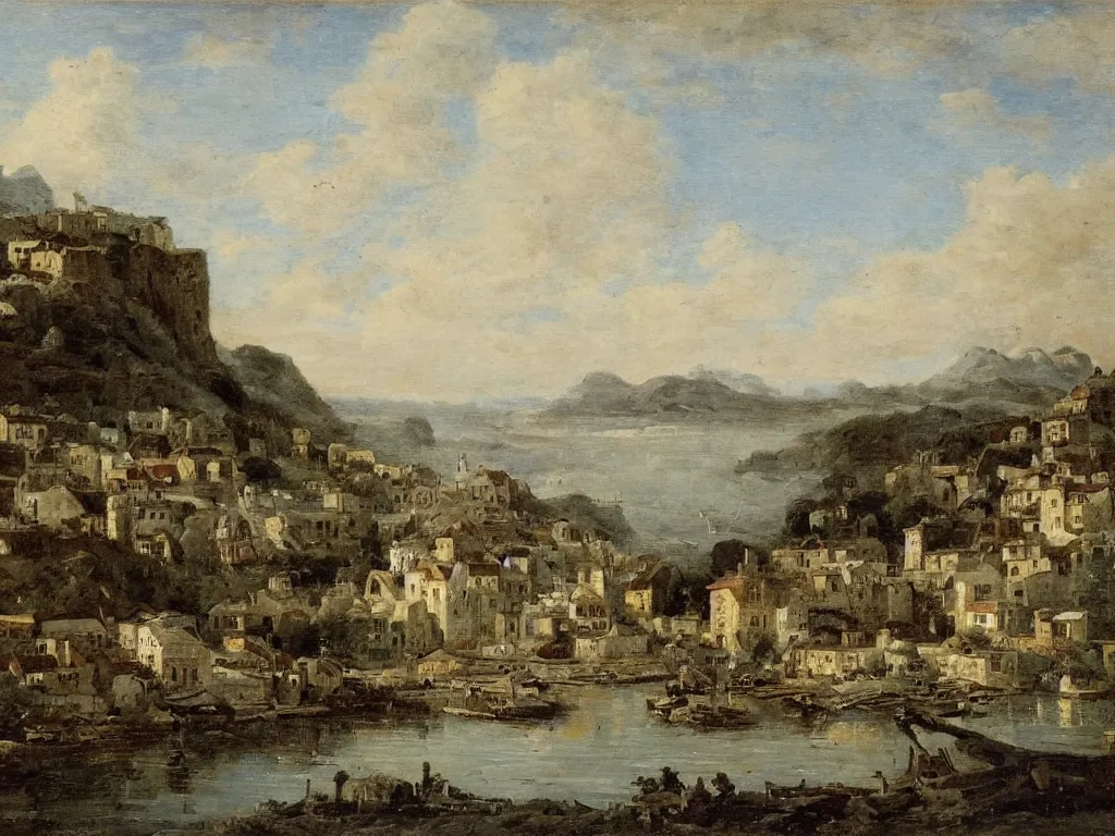 Image similar to a small village, viewed from the harbor, by jean - baptist monge,