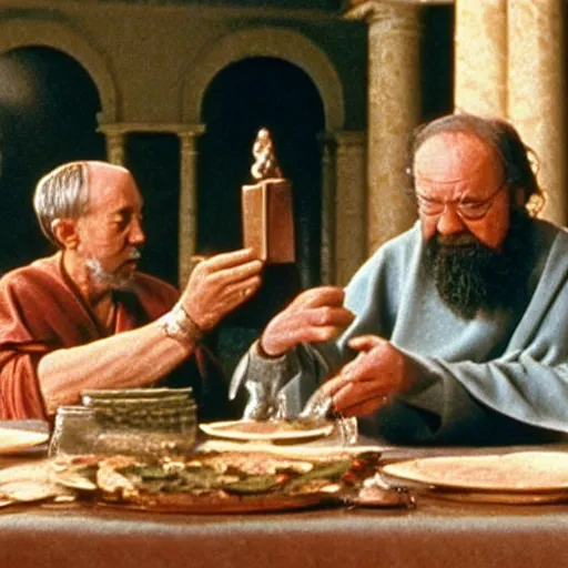 Image similar to Still from TV adaptation of the Banquet of Plato by Steven Spielberg starring Alec Guinness as Socrates