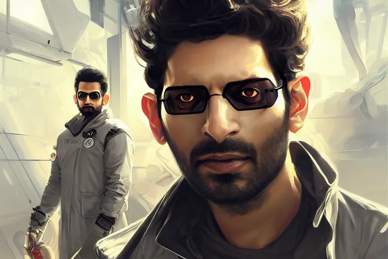 Image similar to Sensual good looking pale young Indian doctors wearing Deus Ex Mankind Divided clothing in a space station above Earth, portrait, elegant, intricate, digital painting, artstation, concept art, smooth, sharp focus, illustration, art by artgerm and greg rutkowski and alphonse mucha