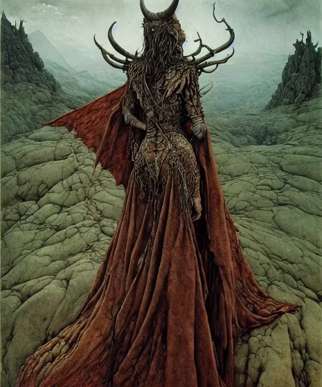 Image similar to A detailed horned dragonwoman stands among the hills. Wearing a ripped mantle, robe. Perfect faces, extremely high details, realistic, fantasy art, solo, masterpiece, art by Zdzisław Beksiński, Arthur Rackham, Dariusz Zawadzki