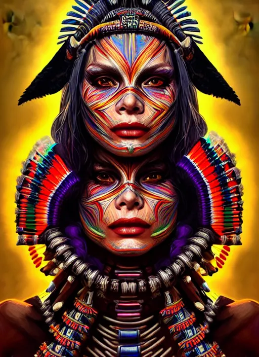 Image similar to portrait of michelle pfeiffer, hyper detailed ultra sharp aztec shaman warrior. trending on artstation, warpaint aesthetic, bloodwave, colorful, psychedelic, ornate, intricate, digital painting, concept art, smooth, sharp focus, illustration, art by artgerm and greg rutkowski and h. r. giger, 8 k