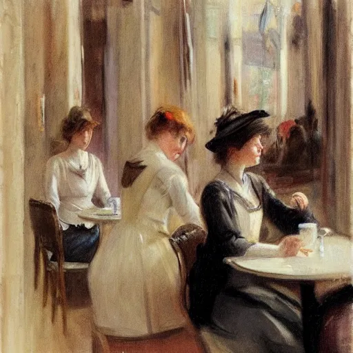 Image similar to two young edwardian women in a cafe in paris, in the style of anders zorn