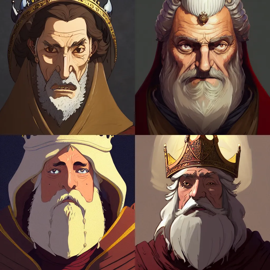 Prompt: portrait of medieval old king, artstation, detailed cartoon, elegant, digital painting, concept art, smooth, sharp focus, illustration, ghibli, makoto shinkai, don bluth, fujita goro, moebius, jean giraud, akihiko yoshida, tom whalen 8 k