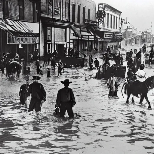 Image similar to flood on Wild West town, crowd cowboy at high noon, 1890 hyperrealistic