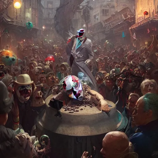 Image similar to a vicious clown with a detailed face at a crowded urban street making an offer you cant refuse, fantasy oil, greg rutkowski, higly detailed, 4 k