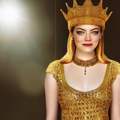 Image similar to A full body shot of Emma Stone wearing a golden Arabian crown , royality, high quality, fully detailed, 4k