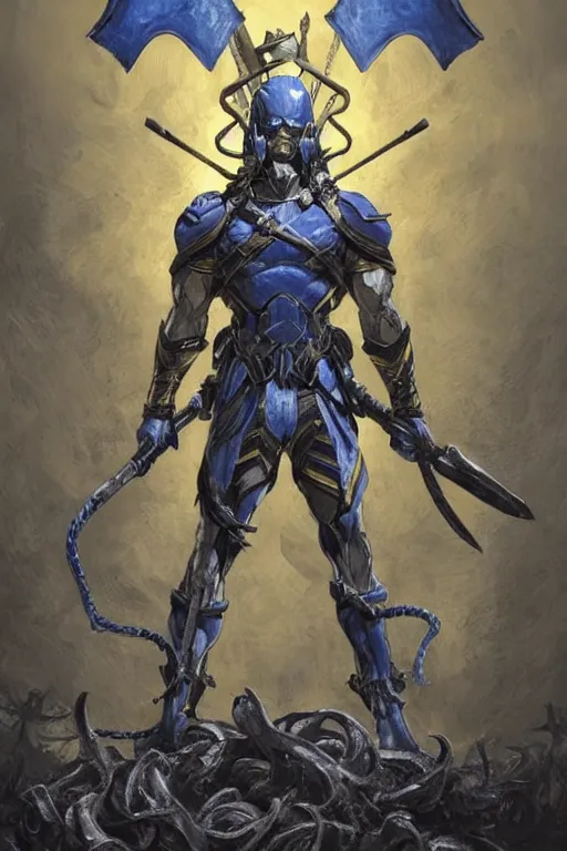 Image similar to a distant shot of one!! single super soldier with blue and yellow flag and a trident symbol standing alone on a huge pile of skulls as a winner, masculine figure, D&D, fantasy, intricate, elegant, highly detailed, extremely detailed, digital painting, artstation, concept art, matte, smooth, sharp focus, illustration, art by Artgerm and Greg Rutkowski and Alphonse Mucha