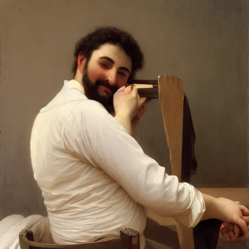Prompt: painting of a man ironing his collar shirt placed on a bed. smiling. happy. cheerful. art by william adolphe bouguereau. extremely detailed. beautiful. 8 k. award winning.