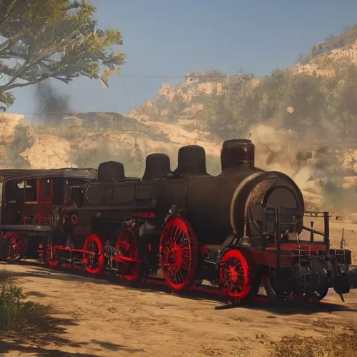 Image similar to futuristic sleek steam locomotive in red dead redemption 2