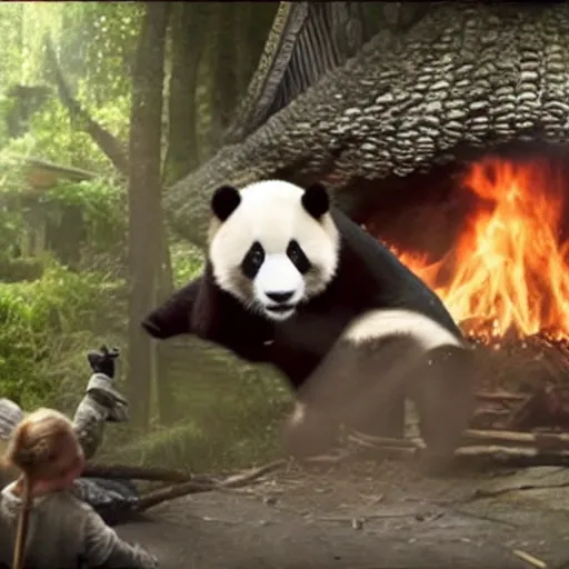 Image similar to Ryan Gosling saves a panda from a fire in the hobbit house, hyper realistic, 4k, 8k, cinematik