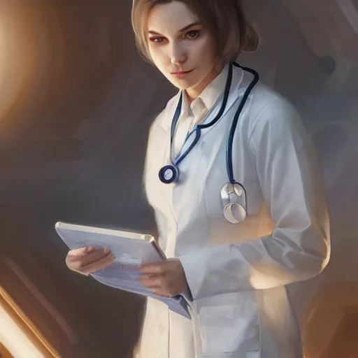 Image similar to an elegant and beautiful female doctor in a white coat working in a hospital ward, cinematic, highly detailed, digital painting, artstation, concept art, matte, sharp focus, illustration, art by artgerm and greg rutkowski