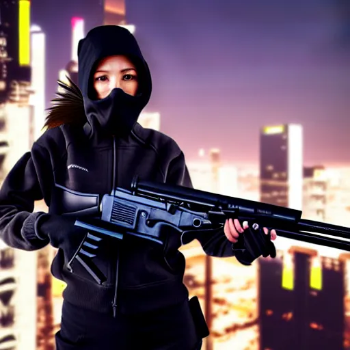 Image similar to photographic portrait of a techwear woman holding a shotgun, closeup, on the rooftop of a futuristic city at night, 4k, depth of field, high resolution, full color, Die Hard, movies with guns, movie firearms