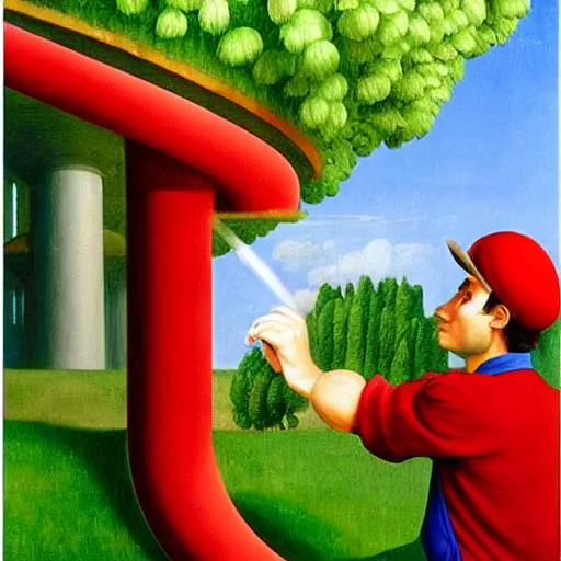 Prompt: an italian plumber with a red hat emerges from a green city pipe by Raphael, Hopper, and Rene Magritte. detailed, romantic, enchanting, trending on artstation.