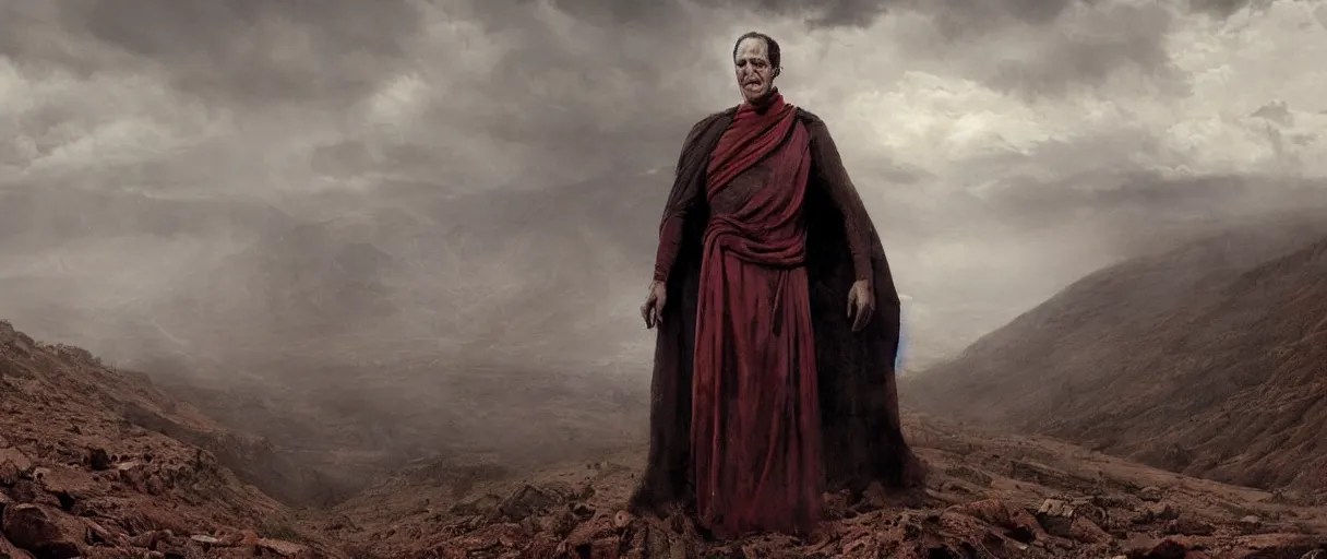 Image similar to the end is near. a tired and exhausted julius caesar somewhere in the atlas mountains. face is highly detailed. splices of red are running down his toga. mist. the soil is red. strong winds. dramatic sky. low angle wide shot. atmospheric. global illumination. concept art. imagined by jeremy lipking, greg rutkowski and eddie mendoza.