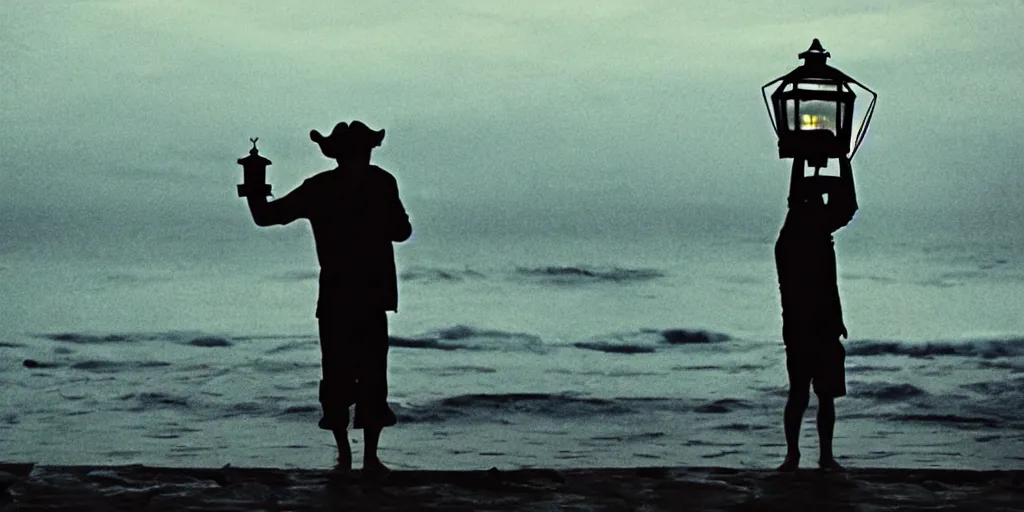 Image similar to film still of closeup old man holding up lantern by his beach hut at night. pirate ship in the ocean by emmanuel lubezki