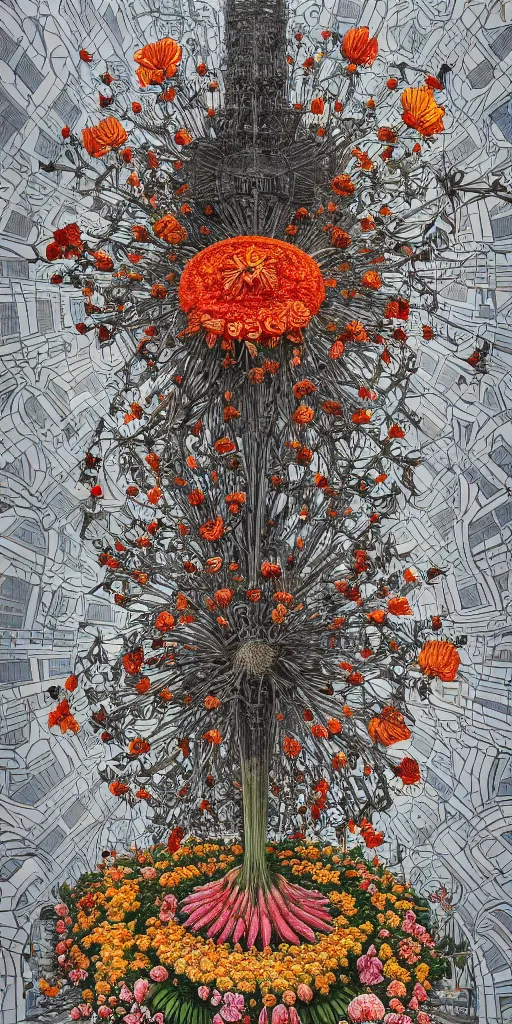 Image similar to colossal Beelzebub flower in the middle of post soviet constructivist cityscape, Stalinist architecture, brutalist architecture, ultradetailed, Intricate by James Jean and Giuseppe Arcimboldo
