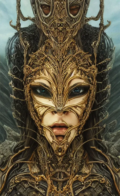 Prompt: Elden Ring themed painting of hybrid majestic aztec warrior princess fantasy biomechanical human beautiful immortal feminine angel symmetrical face angry mask closeup face breathing mask tattoo pattern golden ratio concept, deep forest psytrance Neo-Gothic concept, infinity glyph waves, intricate artwork masterpiece, very coherent artwork, cinematic, full frontal facial features by Artgerm, Takato Yamamoto, Zdizslaw Beksinski, Johnatan Wayshak, Moebius, Ayami Kojima, very coherent artwork, trending on cgsociety, ultra high quality model, production quality cinema model, high detail chromatic ink outline, octane render, unreal engine 8k, hyper realism, high detail, octane render, unreal engine, 8k, High contrast