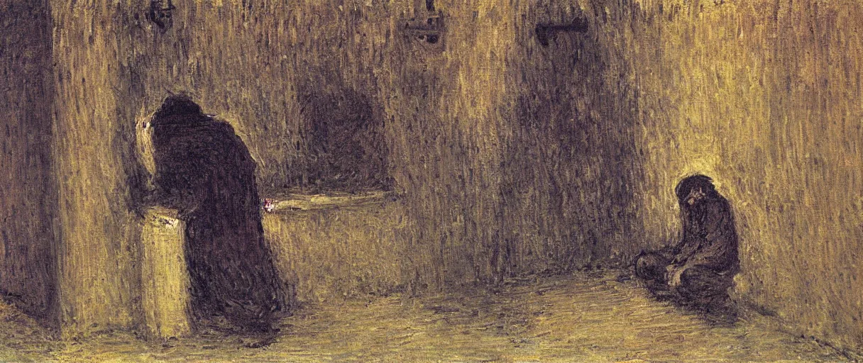 Image similar to a medieval monk very drunk and depressed in his cell; a painting by Claude Monet