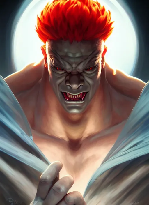 Image similar to symmetry!! portrait of akuma, street fighter, sci - fi, global illumination!! intricate, elegant, highly detailed, digital painting, artstation, concept art, smooth, sharp focus, illustration, art by artgerm and greg rutkowski and alphonse mucha