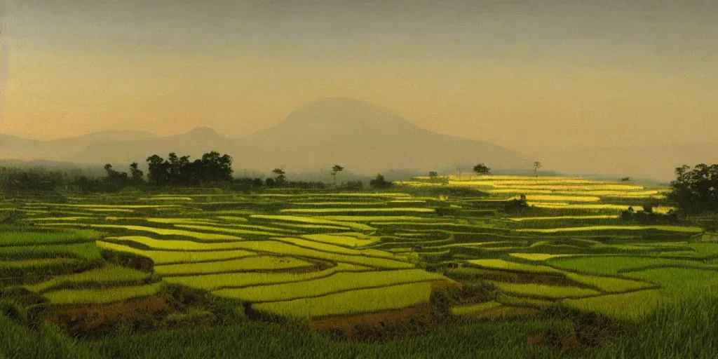 Image similar to painting of a rice terrace in the evening