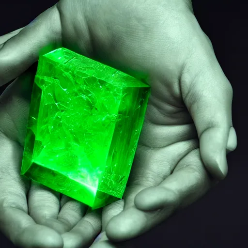 Prompt: a glowing green shard of kryptonite held between the fingers of a black - gloved hand, black background