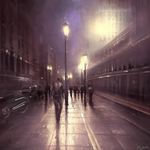 Image similar to walking the streets of london at night by raymond swanland, highly detailed, dark tones