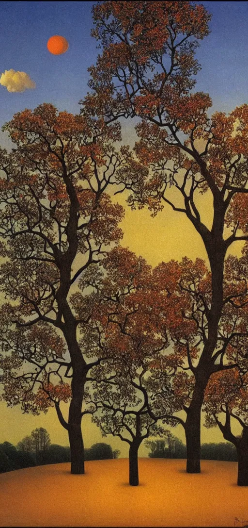 Image similar to Sunset on an autumn day in the park by Rene Magritte. Surreal. Fractal.